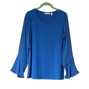 Susan Graver NEW Size Small Blue Liquid Knit Top Sheer Chiffon Sleeves Dressy